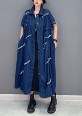 Abrigo vaquero rasgado de algodón extragrande azul marino de talla grande, ropa de abrigo de manga corta